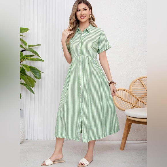 ebossy Boho Striped Button Up Side Slit Mid Long Cotton Shirt Dress with Pockets - Picture 2 of 16